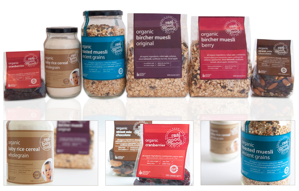 Packaging design for Real Good Foods which is a range of mueslis, trail mixes and organic baby foods.