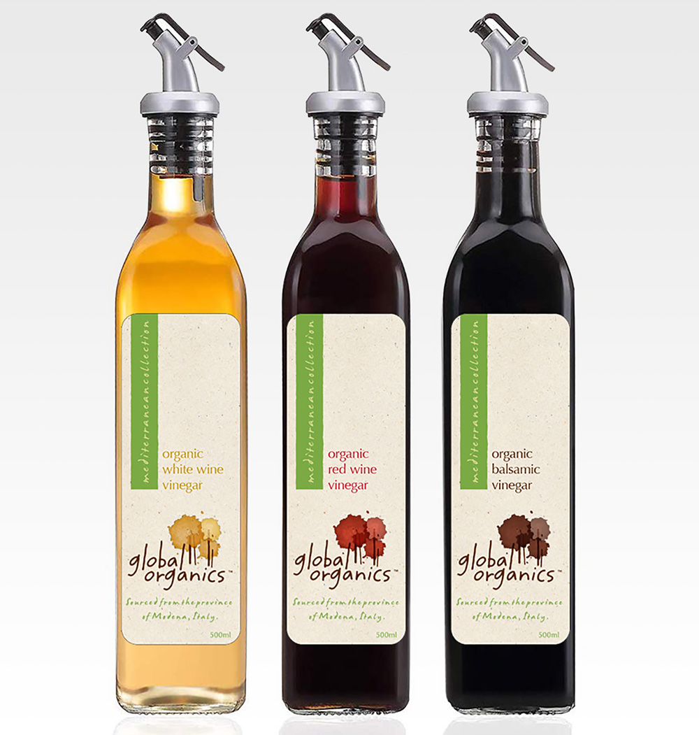 Global Organics packaging design for a range of vinegars.
