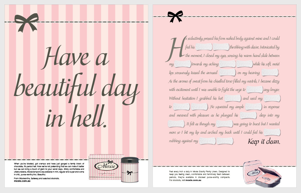 Moxie Have A Beautiful Day In Hell and Keep It Clean Magazine Advertisements. 