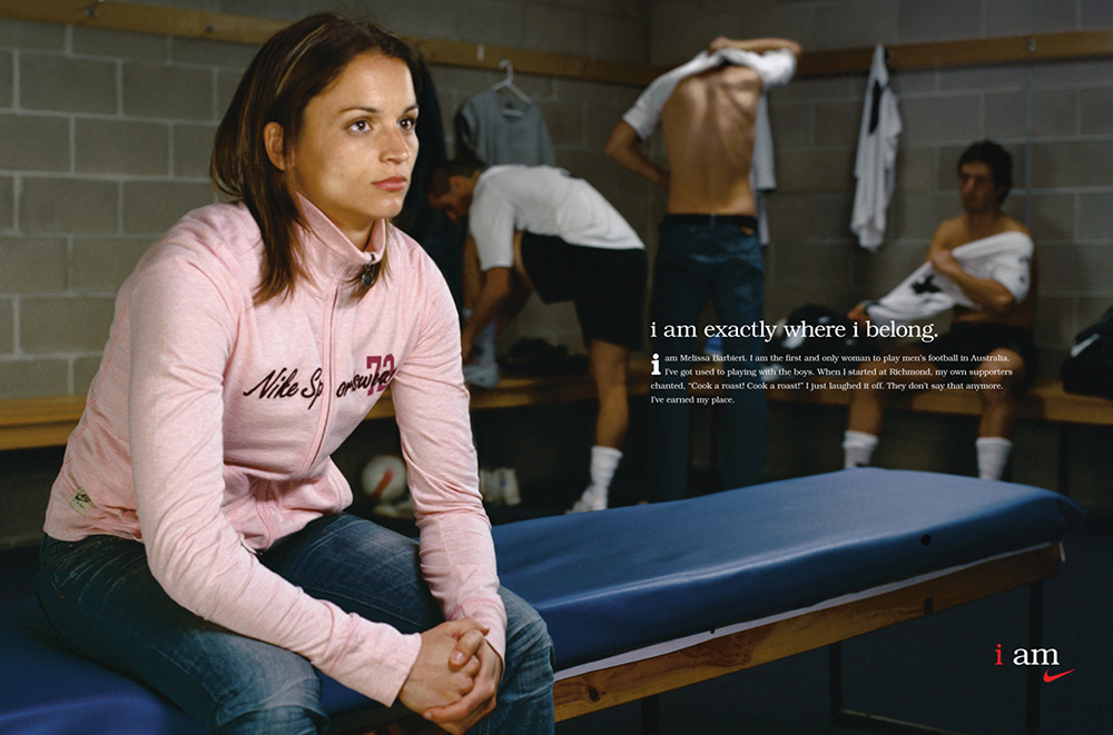 I AM Press Campaign with Melissa Barbieri was created and designed for Nike. It is an inspirational advertising campaign that was featured in women's magazines. The campaign plays on Melissa Barbieri being a woman in a man's world.