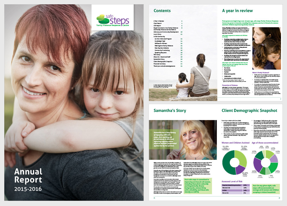 The Safe Steps 2015-2016 Annual report included new branding, design, infographics.